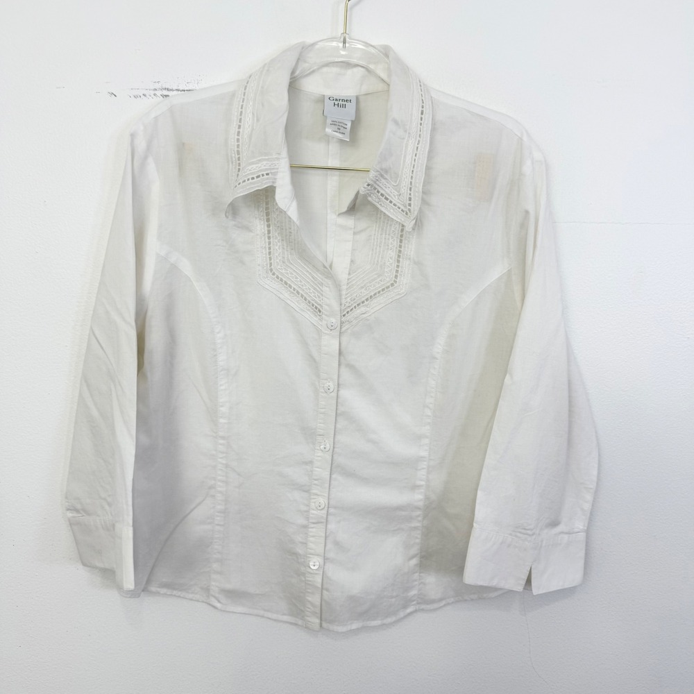 Garnet Hill White Cotton Embroidered Button Front Blouse Size 16